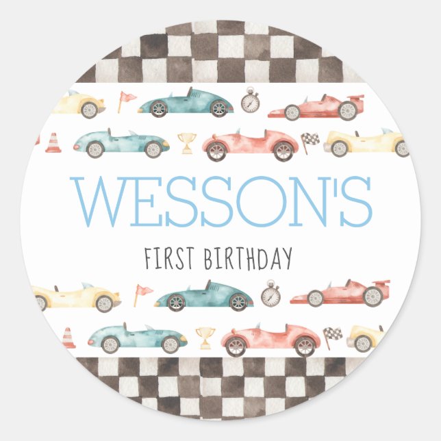 Race Car Geburtstagsparty-Aufkleber Runder Aufkleber (Vorderseite)