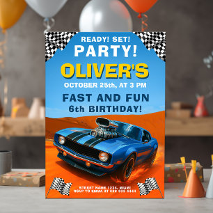Race Car Geburtstagsparty mit blauem Frisierte Aut Einladung