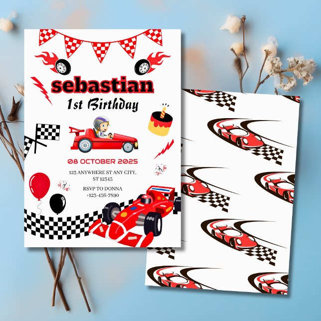 Race Car Thema 1. Geburtstag Party Einladung (Race Car Themed 1st Birthday Party Invitation
)