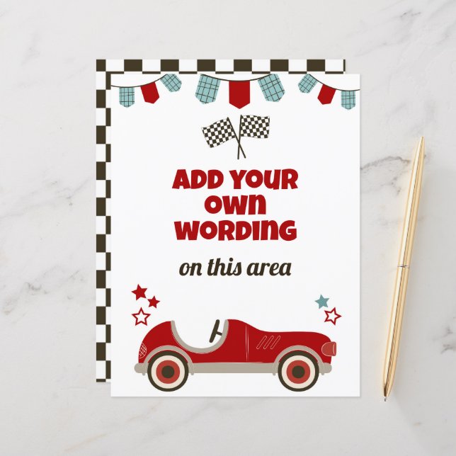 Race Car Thema Custom Sign (Vorderseite/Rückseite Beispiel)