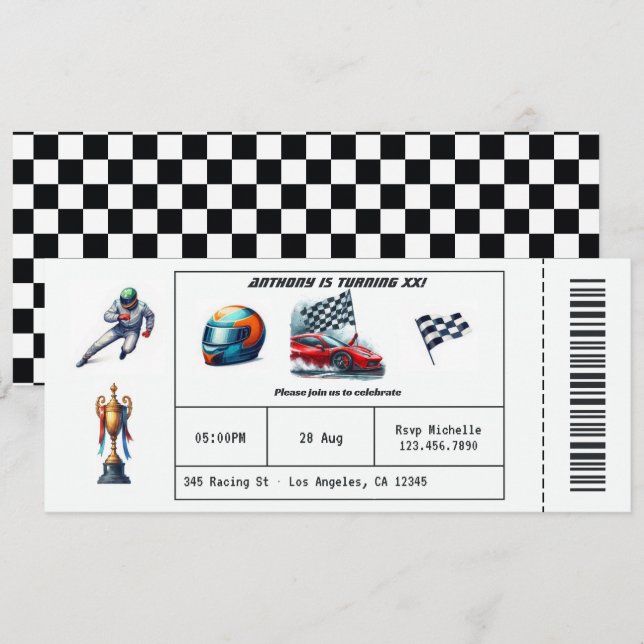 Race Car Ticket Geburtstagsparty Einladung (Vorne/Hinten)