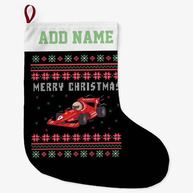 Race Car Ugly Christmas Sweater Großer Weihnachtsstrumpf (Vorderseite)