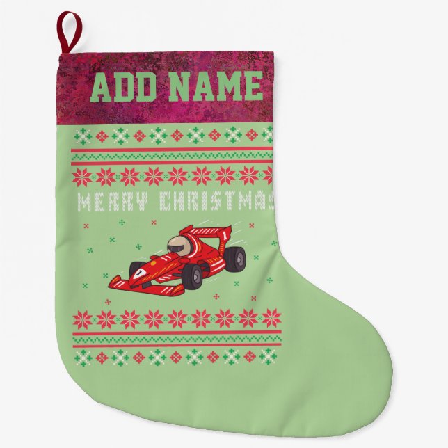 Race Car Ugly Christmas Sweater Großer Weihnachtsstrumpf (Vorderseite)