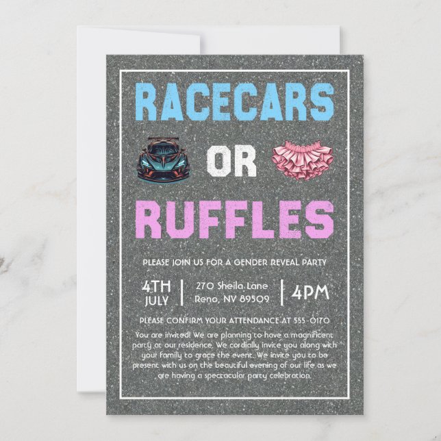 Race Cars oder Ruffles Gender Reveve Einladung (Vorderseite)