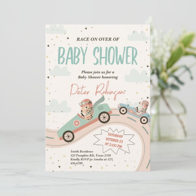 Race Fast Car Baby Shower Einladung (Stehend Vorderseite)