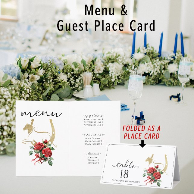Race Horse Derby Drinks Reitsport Platzkarte Menü Menükarte (All in one custom individual guest name place card and menu (foldable))