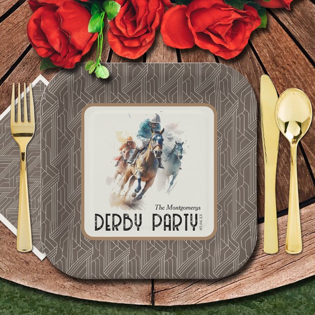 Race Horses Derby Party Brown Square Pappteller (Paper plates and matching napkins sold separately. (Silverware not sold.))