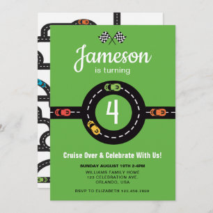 Race Track Boys 4. Geburtstag Grün Einladung