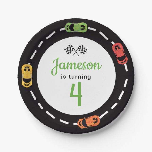 Race Track Boys 4. Geburtstag Weißbuch Teller (Vorderseite)