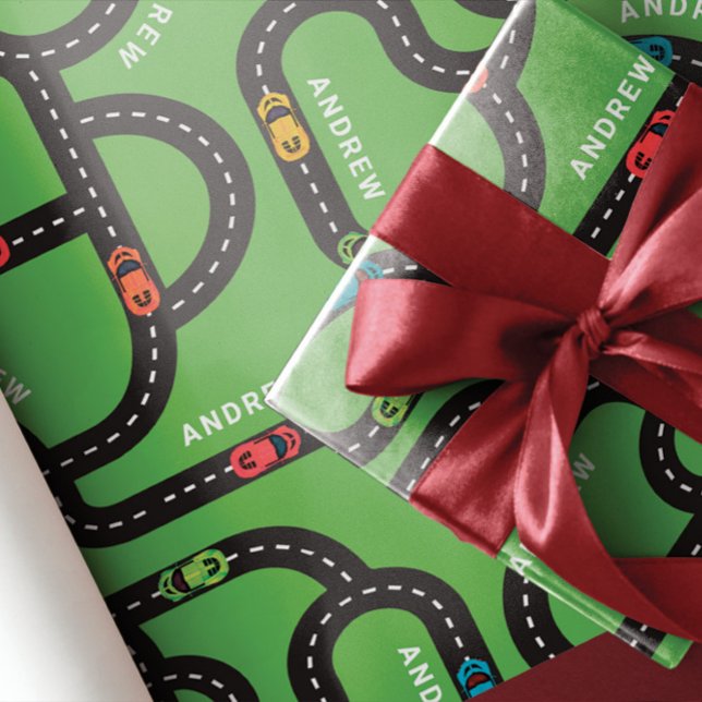 Race Track Boys Geburtstag Grün Geschenkpapier Set (Von Creator hochgeladen)