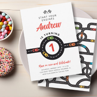 Race Track Cars Boys Einladung zum 1. Geburtstag