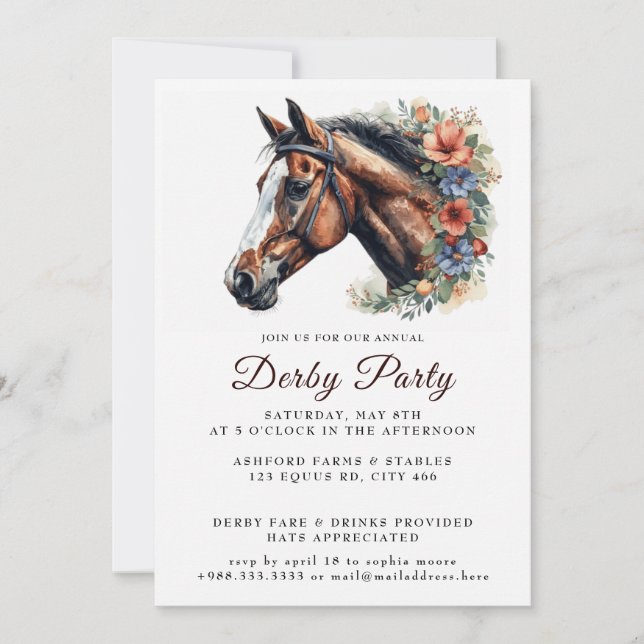 Race Watercolor Wreath Derby Party Einladung (Vorderseite)