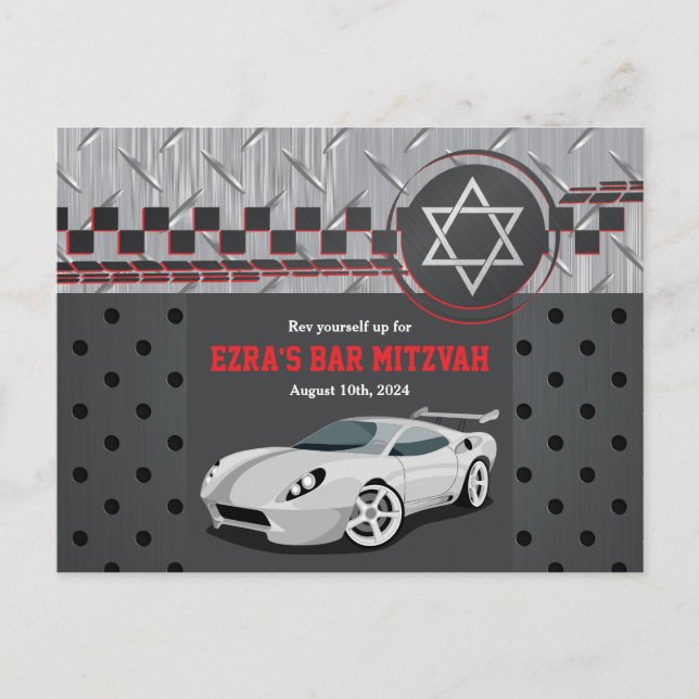 Racecar Bar Mitzvah Save the Date Postkarte (Vorderseite)