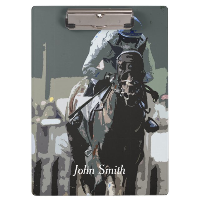 Racehorse mit Jockey in Blue Clipboard Klemmbrett (Vorderseite)