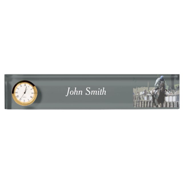 Racehorse mit Jockey in Blue Desk Name Plate Namensplakette (Vorderseite)