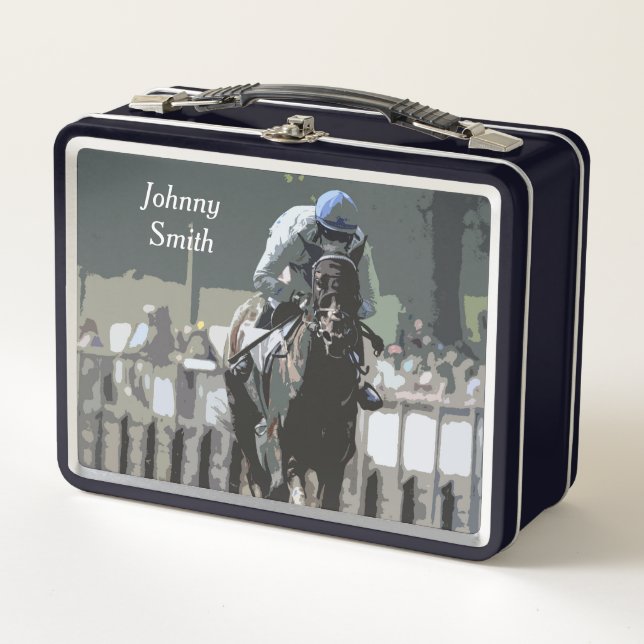 Racehorse mit Jockey in Blue Metal Lunchbox (Vorderseite)