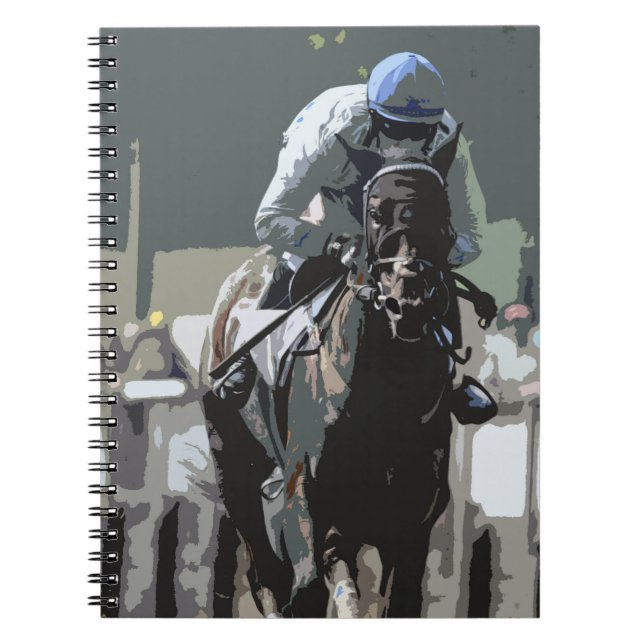 Racehorse mit Jockey in Blue Spiral Notebook Notizblock (Vorderseite)