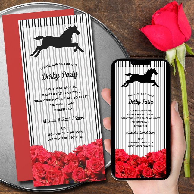 Racehorse und Rose Derby Party Einladung (Horse Racing Roses Stripes Derby Invitations - printed and perfect size for INSTANT DOWNLOAD!)