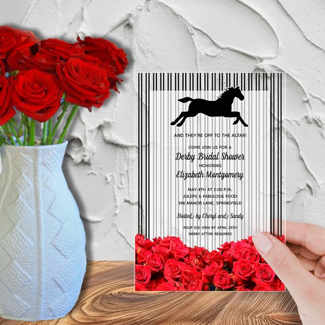 Racehorse und Rote Rosen Derby Brautparty Acryleinladungen (Derby race horse, red roses and stripes ACRYLIC bridal shower invitations - order clear or frosted)