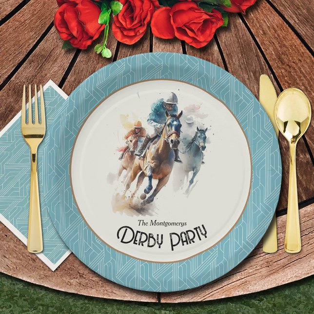 Racehorses Derby Party Pappteller (Racehorses and Jockeys Turquoise Derby Party Paper Plates)