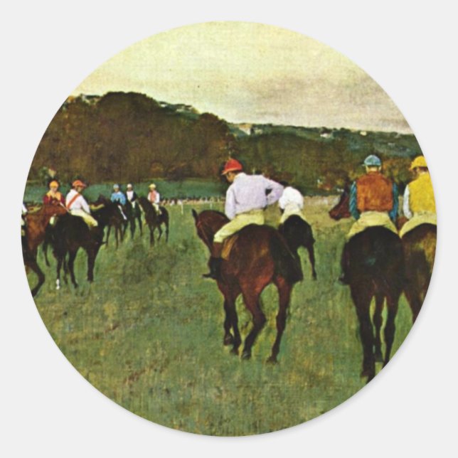Racehorses in Longchamp von Edgar Degas Runder Aufkleber (Vorderseite)