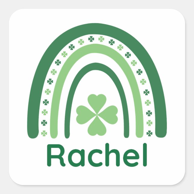 Rachel Name Clover Boho Rainbow Quadratischer Aufkleber (Vorderseite)