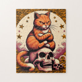 Rachsüchtige orange Katze, Totenköpfe und Mond Puzzle