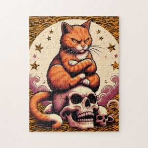 Rachsüchtige orange Katze, Totenköpfe und Mond Puzzle