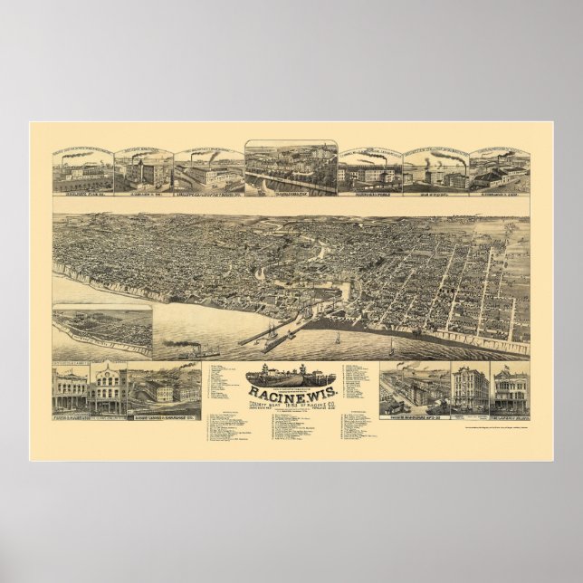Racine, WI Panorama Karte - 1883 Poster (Vorne)