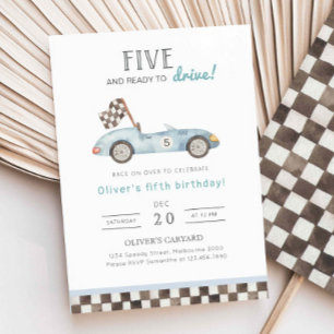 Racing 5th Birthday Invitation, Blue Car 5th B'day Einladung