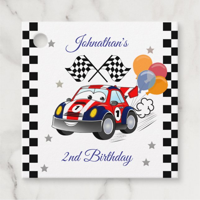 Racing Birthday Party | Race Car & Checked Flag Geschenkanhänger (Vorderseite)