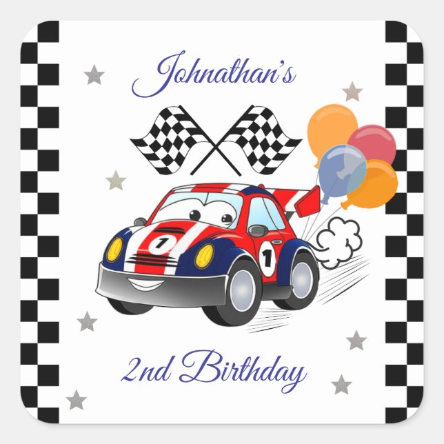 Racing Birthday Party | Race Car & Checked Flag Quadratischer Aufkleber (Vorderseite)