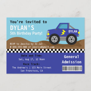 Racing Blue Monster Truck Party, Eintrittskarte Einladung