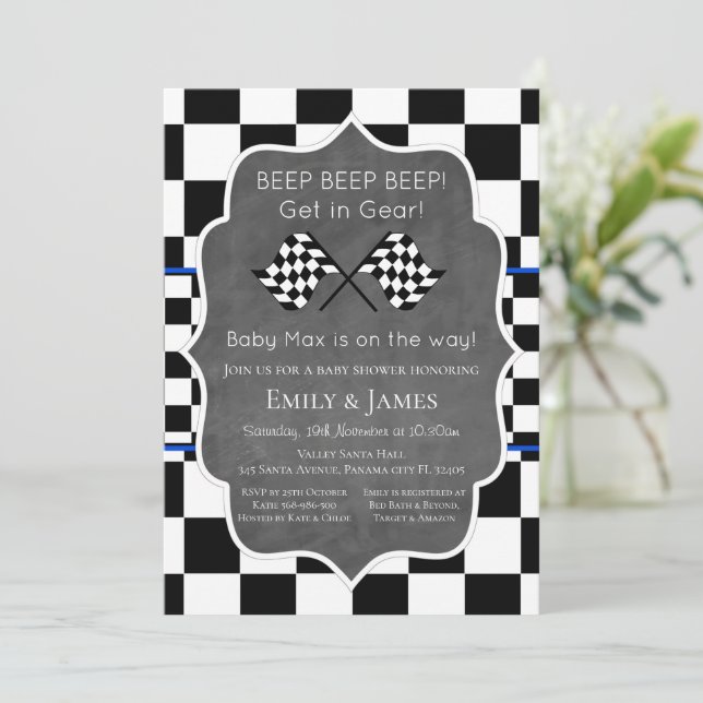 Racing Car Baby Shower Einladung, Geburtstag Invit Einladung (Stehend Vorderseite)