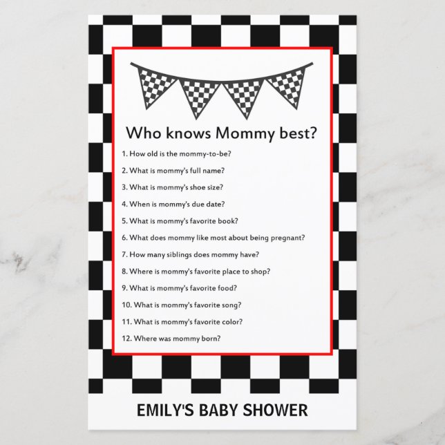 Racing Car Baby Shower Game PRINTED (Vorderseite)