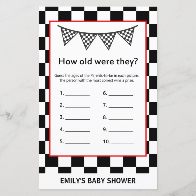 Racing Car Baby Shower Game PRINTED (Vorderseite)