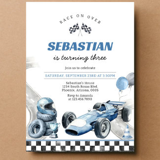 Racing Car Blue Boy zum Geburtstag Einladung