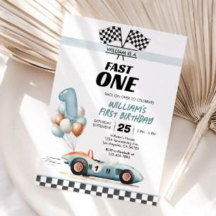 Racing Car Fast One Blue 1. Geburtstag Einladung