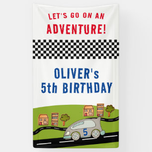 Racing Car Road Houses Boy Birthday Banner