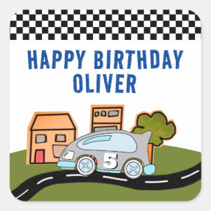 Racing Car Road Houses Name Happy Birthday Quadratischer Aufkleber