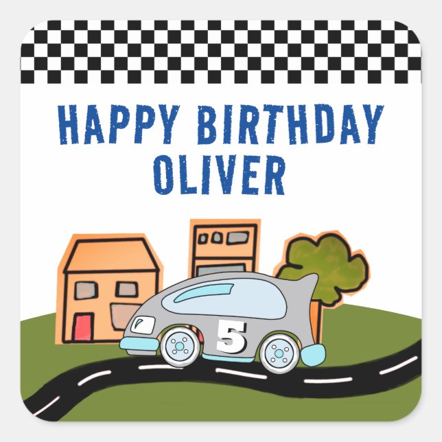 Racing Car Road Houses Name Happy Birthday Quadratischer Aufkleber (Vorderseite)