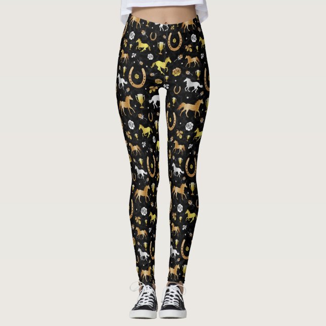 Racing Derby Day Party Schwarzes Gold Muster Leggings (Vorderseite)