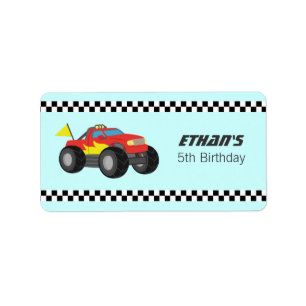 Racing Fiery Red Monster Truck Party Adressaufkleber