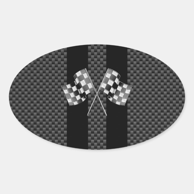 Racing Flags auf Carbon Fibre Black Stripes Ovaler Aufkleber (Vorderseite)