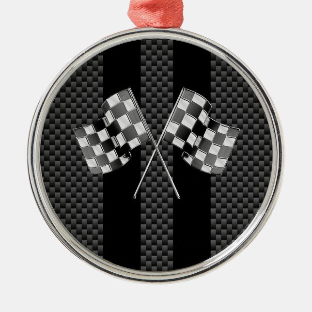 Racing Flags auf Carbon Fibre Black Stripes Silbernes Ornament (Vorne)