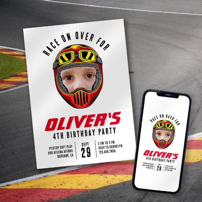 Racing Helmet Foto Geburtstagsparty Einladung (Von Creator hochgeladen)
