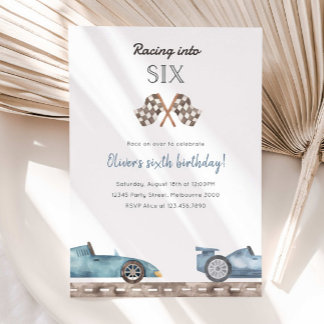 Racing Into Six Blue Car 5th Birthday Invitation Einladung