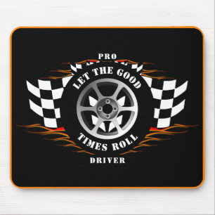 Racing Wheel Checkered Flag Flames Pro Mousepad
