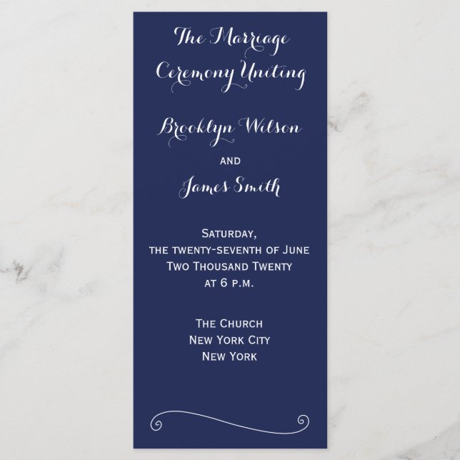 Rack Cards für Hochzeitsprogramme von Navy Blue El Programm (Vorderseite)
