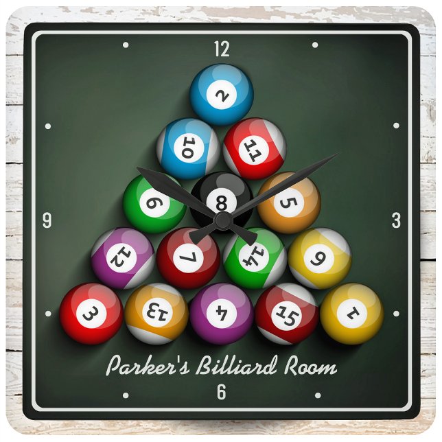 Rack Em Pool Hall Billard Personalisiert Game Room Quadratische Wanduhr (Von Creator hochgeladen)